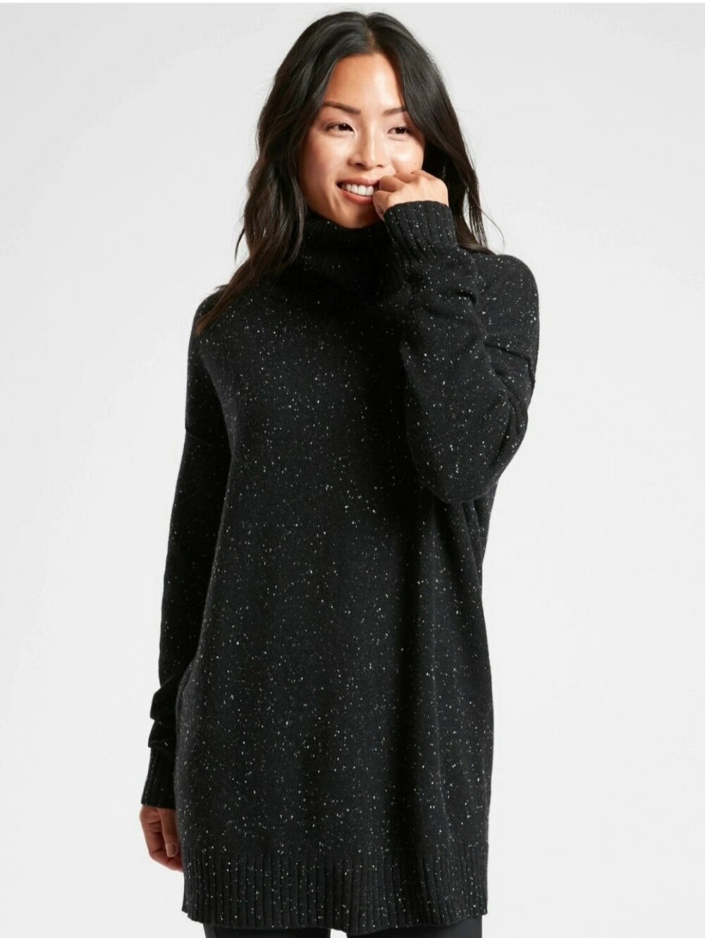 Athleta Cashmere Wool Black Speckled Cowl Neck Sweater